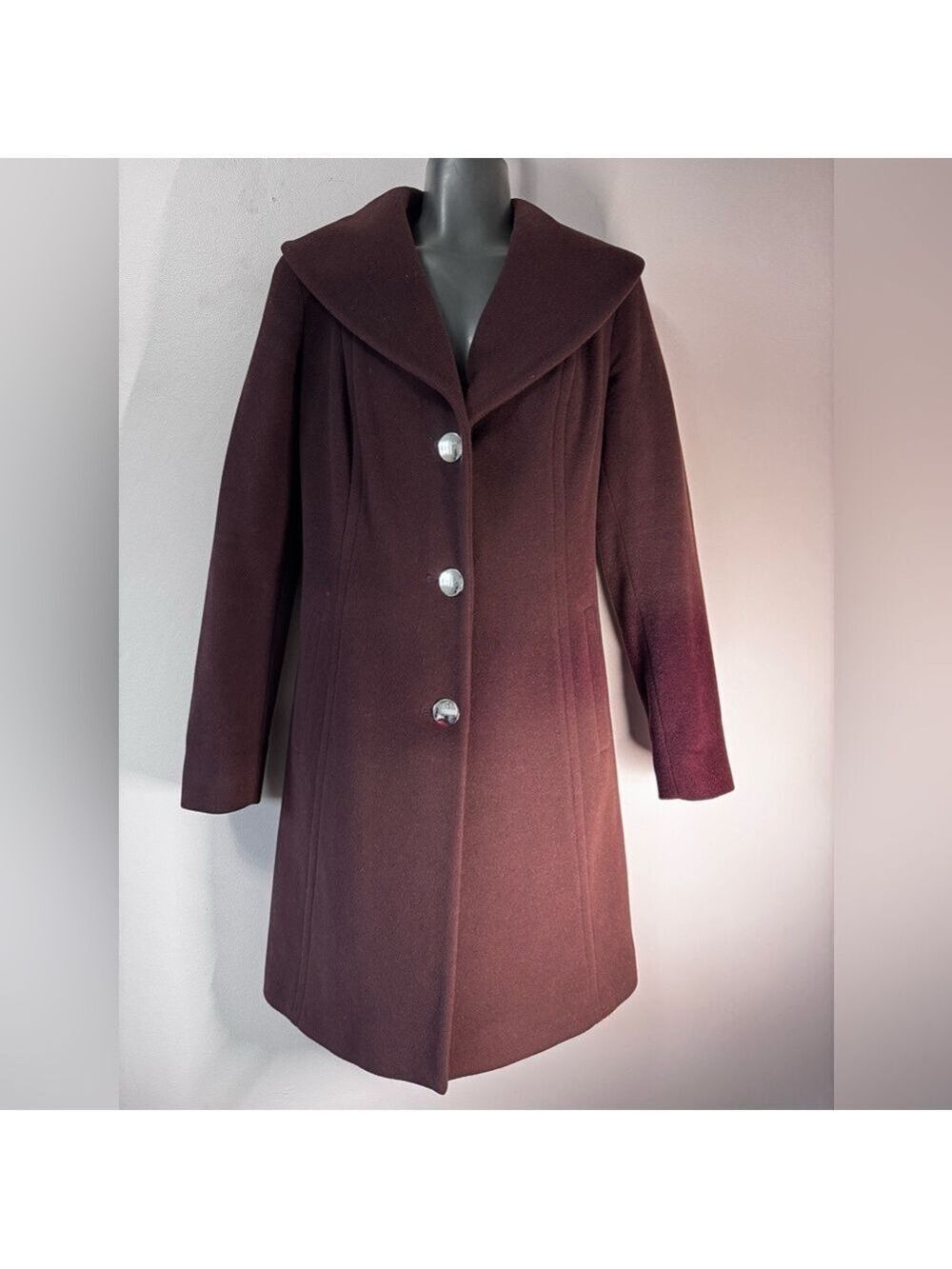 Ann Klein Burgundy Mid-Thigh Coat Wool Blend Size 2